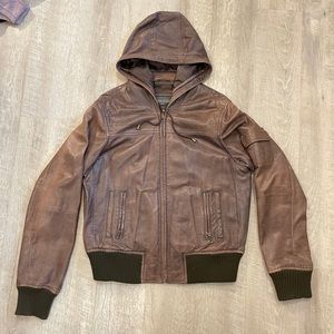 Leather Bomber Jacket with Hood